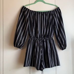 Off the shoulder black and white striped romper